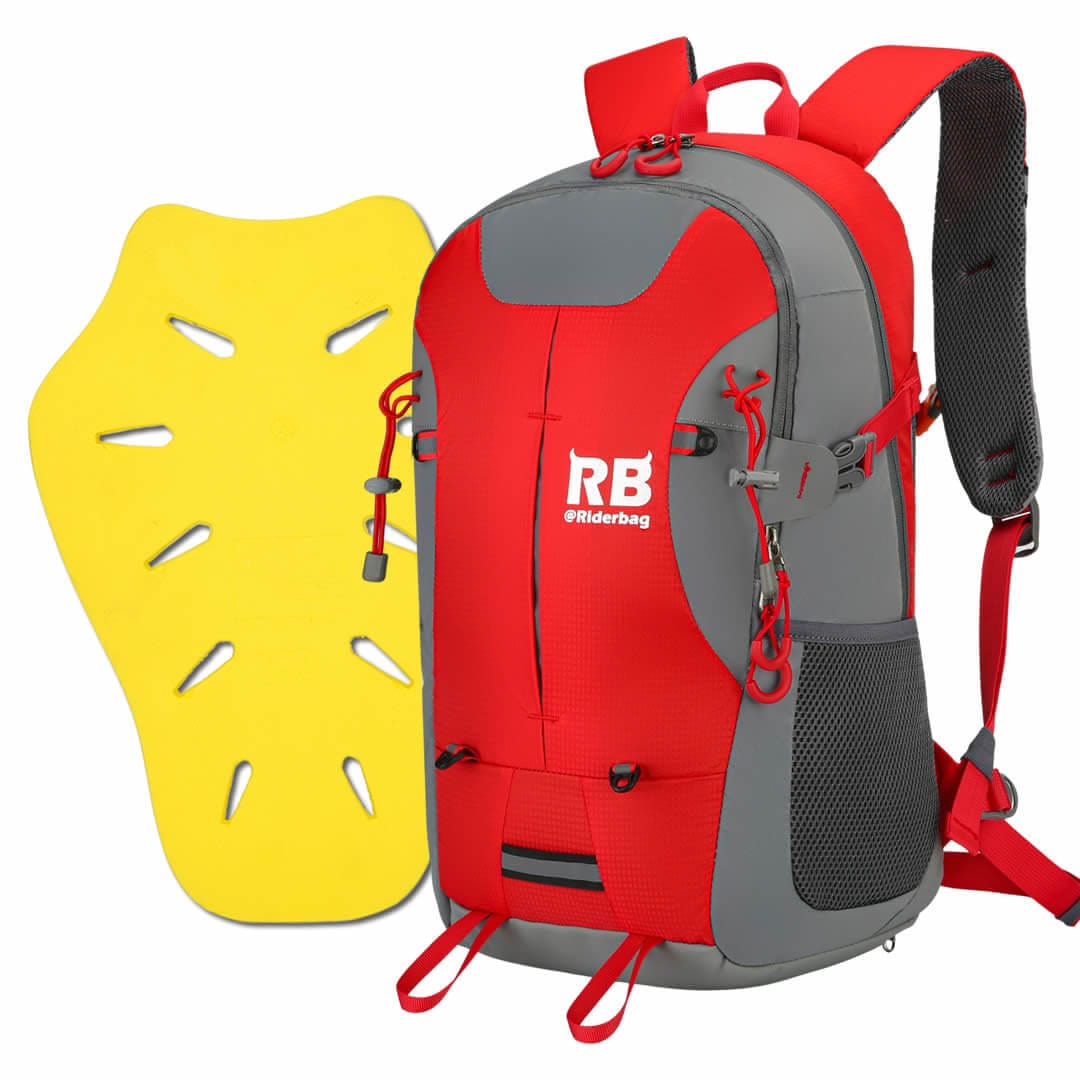 red backpack, motorcycle backpack with protection